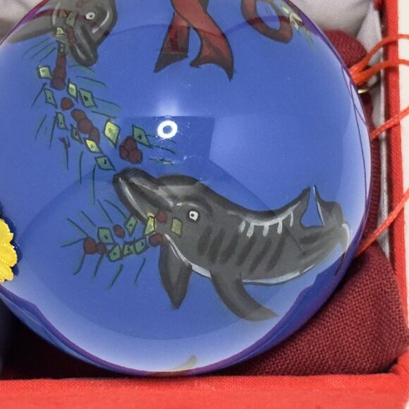 Glass Painted Christmas Ornament, Saint Augustine Florida Dolphin Holiday w/Box - Picture 7 of 10